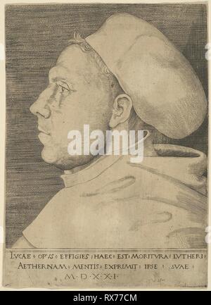 Luther as an Augustinian Friar, with Cap. Lucas Cranach the Elder; German, 1472-1553. Date: 1521. Dimensions: 207 x 150 mm (image/plate/sheet). Engraving in black on cream laid paper. Origin: Germany. Museum: The Chicago Art Institute. Stock Photo