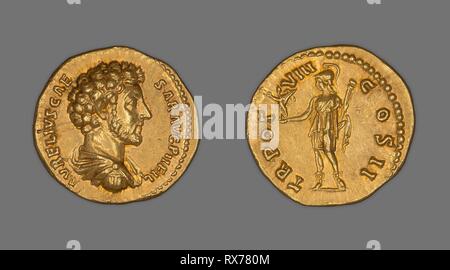 Aureus (Coin) Portraying Emperor Marcus Aurelius. Roman, minted in Rome. Date: 153 AD-154 AD. Dimensions: Diam. 2 cm; 7.08 g. Gold. Origin: Rome. Museum: The Chicago Art Institute. Author: ANCIENT ROMAN. Stock Photo