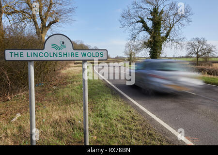 Lincolnshire Wolds road sign, Lincolnshire, UK Stock Photo