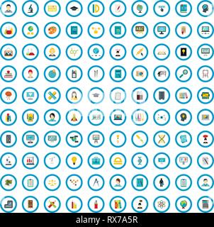 100 education icons set, flat style Stock Vector