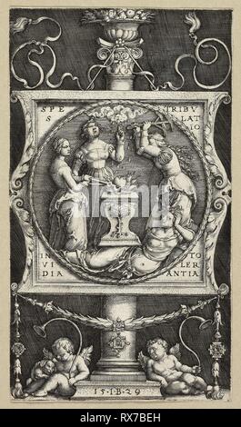 Bookplate of Willibald Pirckheimer. Master I.B. (possibly Georg Pencz; German, c. 1500-1550); after Albrecht Dürer (German, 1471-1528). Date: 1529. Dimensions: 150 x 85 mm (image/plate/sheet). Engraving in black on ivory laid paper. Origin: Germany. Museum: The Chicago Art Institute. Stock Photo