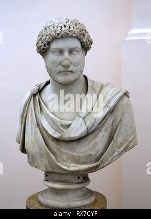 Hadrian, Roman Emperor (117-138 AD). Portrait, marble bust with cloak (132-138 AD).Naples  Archaeological Museum. Italy. Stock Photo