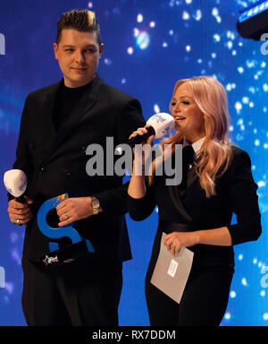 John Newman and Emma Bunton on stage during The Global Awards 2019 with Very.co.uk held at London's Eventim Apollo Hammersmith. Stock Photo