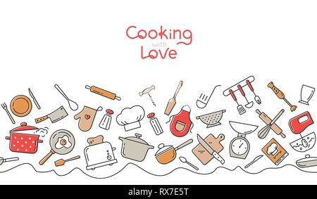 Cooking flat horizontal seamless pattern. Kitchen utensil and appliance cartoon texture.  Stock Vector