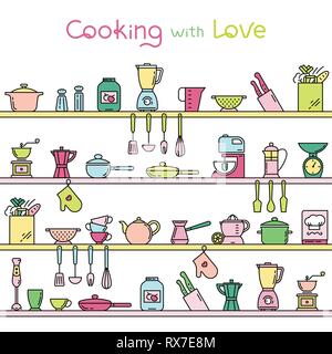 Seamless horizontal pattern with kitchen shelves full of various kitchen items and tools. Stock Vector