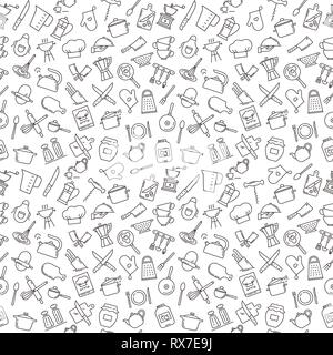 A large seamless pattern on the theme of the kitchen with various elements of the kitchen. Stock Vector
