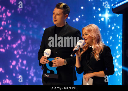 John Newman and Emma Bunton on stage during The Global Awards 2019 with Very.co.uk held at London's Eventim Apollo Hammersmith. Stock Photo