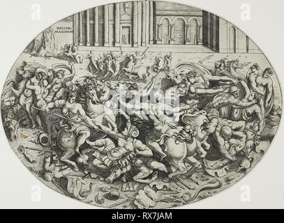 The Battle of the Amazons. Enea Vico; Italian, 1523-1567. Date: 1543. Dimensions: 209 x 280 mm. Engraving in black on ivory laid paper. Origin: Italy. Museum: The Chicago Art Institute. Stock Photo