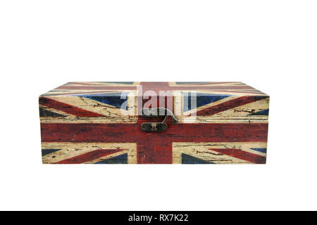 Vintage box with british flag isolate on white background with clipping path. Stock Photo