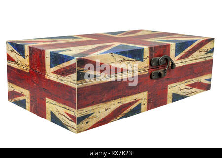 Vintage box with british flag isolate on white background with clipping path. Stock Photo