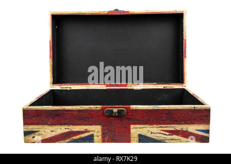 Vintage box with british flag isolate on white background with clipping path. Stock Photo