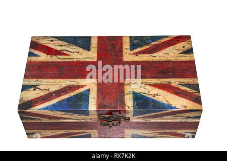 Vintage box with british flag isolate on white background with clipping path. Stock Photo