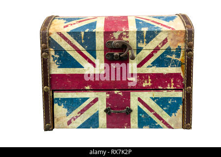 Vintage box with british flag isolate on white background with clipping path. Stock Photo