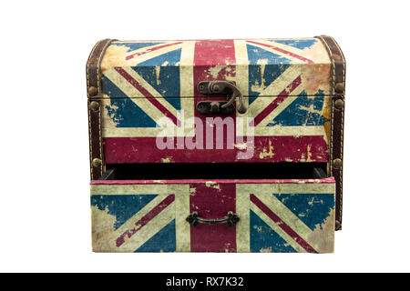 Vintage box with british flag isolate on white background with clipping path. Stock Photo