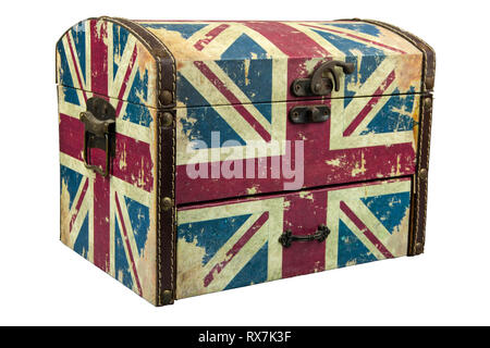 Vintage box with british flag isolate on white background with clipping path. Stock Photo