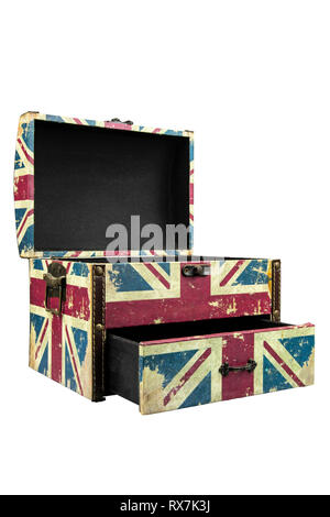 Vintage box with british flag isolate on white background with clipping path. Stock Photo