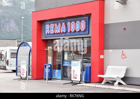 ANDALSNES, NORWAY - JULY 20, 2015: Rema 1000 supermarket in Andalsnes, Norway. Rema 1000 is part of Reitan Group, retail and real estate with 3,852 st Stock Photo