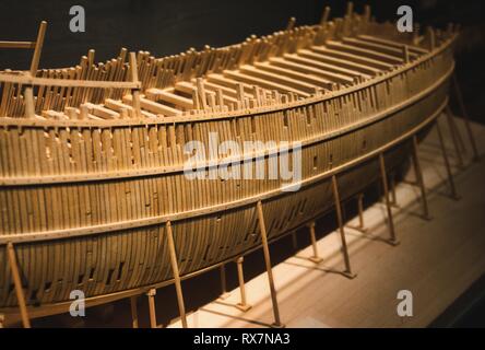 Balsa wood model boat in construction Stock Photo