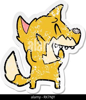 distressed sticker of a laughing fox cartoon Stock Vector