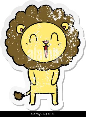 distressed sticker of a laughing lion cartoon Stock Vector