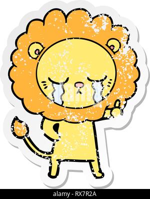 distressed sticker of a crying cartoon lion Stock Vector