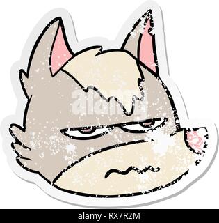 distressed sticker of a cartoon annoyed wolf face Stock Vector