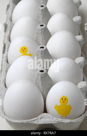 Box of white eggs with two eggs having a fun yellow Easter chickens painted on them Stock Photo