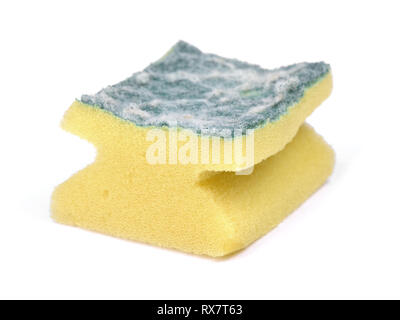 Old and dirty kitchen dish washing sponge isolated on white backgrounnd, Fiber Absorbent Yellow Sponges Cleaning Stock Photo
