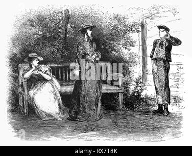 An offensive boy talks to Mrs Deluw and her daughter. From the Camera Obscura, a 19th Century collection of Dutch humorous-realistic essays, stories and sketches in which Hildebrand, the author, takes an ironic look at the behavior of the 'well-to-do', finding  them bourgeois and without a good word for them. Stock Photo
