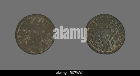 Coin Depicting the Amazon Cyme. Roman. Date: 253 AD-268 AD. Dimensions: Diam. 1.9 cm; 3.22 g. Bronze. Origin: Roman Empire. Museum: The Chicago Art Institute. Author: ANCIENT ROMAN. Stock Photo