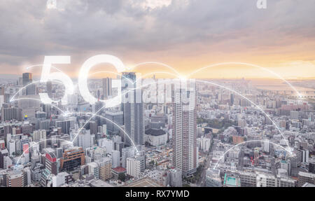 5G internet networking in the city sunrise, cityscape and connections links Stock Photo