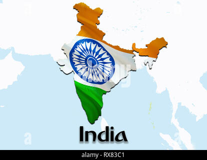 Flag Map of India. 3D rendering India map and flag on Asia map. The national symbol of India. New Delhi flag map background image download HD.India Na Stock Photo