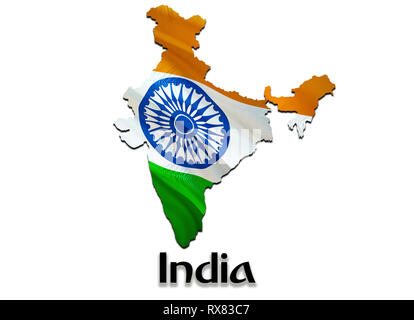 India Map Flag. 3D rendering India map and flag on Asia map. The national symbol of India. New Delhi flag on Asia background. National India waving fl Stock Photo