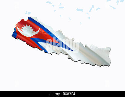 Flag Map of Nepal. 3D rendering Nepal map and flag on Asia map. The national symbol of Nepal. Kathmandu flag on Asia background. National Nepal flag o Stock Photo