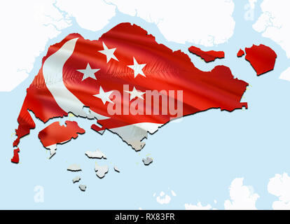 Flag Map of Singapore. 3D rendering Singapore map and flag on Asia map. The national symbol of Singapore. Singaporeans flag on Asia background. Nation Stock Photo