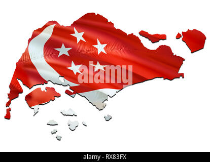 Map on Singapore waving Flag. 3D rendering Singapore map and waving flag on Asia map. The national symbol of Singapore. Singapore flag on Asia backgro Stock Photo