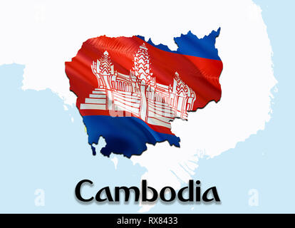 Flag Map of Cambodia. 3D rendering Cambodia map and flag on Asia map. The national symbol of Cambodia. Phnom Penh flag map background image download H Stock Photo