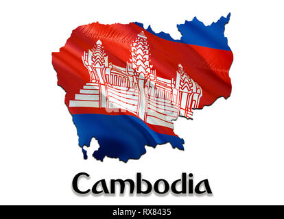 Cambodia Map Flag. 3D rendering Cambodia map and flag on Asia map. The national symbol of Cambodia. Phnom Penh flag on Asia background. National Cambo Stock Photo