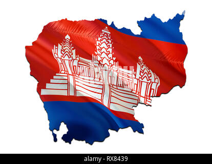 Map on Cambodia waving Flag. 3D rendering Cambodia map and waving flag on Asia map. The national symbol of Cambodia. Cambodia flag on Asia background. Stock Photo