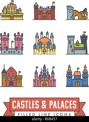 Set of 9 palaces, castles and fortresses vector line icons with color fill Stock Vector