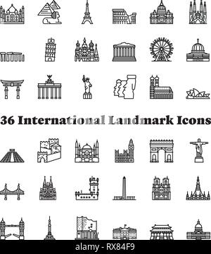 Set of 36 internationa landmark icons. Travel, tourism and sightseeing illustrations Stock Vector
