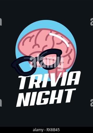 trivia night brain eyeglasses lettering  vector illustration Stock Vector
