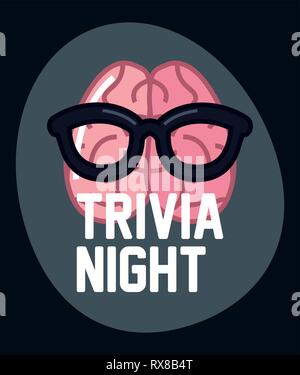 trivia night brain eyeglasses lettering  vector illustration Stock Vector