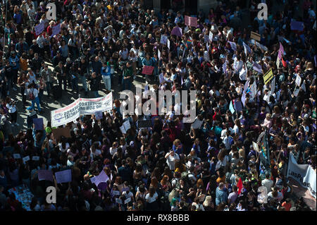 A general view of protesters taking part during the 24-hours General Women’s Strike. A 24-hour General Women’s Strike. Every 08 march coinciding with the International Women’s Day, thousands of women and organizations around the world take the streets to protest against women violence and to demand for gender equality between men and women. Stock Photo