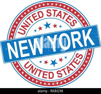 united states new york round red grungy rubber stamp isolated on white Stock Vector