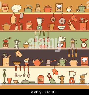 Seamless pattern with kitchen shelves full of various kitchen items and tools from colorful icons made in a flat style. Stock Vector