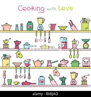 Seamless horizontal pattern with kitchen shelves full of various kitchen items and tools from colorful icons made in a flat style. Lettering kitchen. Stock Vector