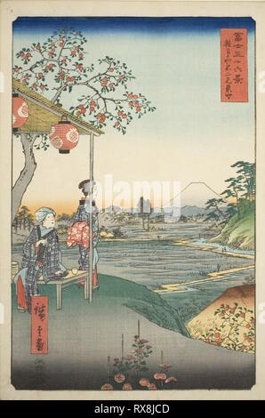 View of Mount Fuji from a Teahouse at Zoshigaya (Zoshigaya Fujimi chaya), from the series 'Thirty-six Views of Mount Fuji (Fuji sanjurokkei)'. Utagawa Hiroshige ?? ??; Japanese, 1797-1858. Date: 1858. Dimensions: 36.1 x 24.2 cm (14 3/16 x 9 1/2 in.). Color woodblock print; oban. Origin: Japan. Museum: The Chicago Art Institute. Stock Photo