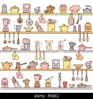 Seamless pattern with kitchen shelves full of various kitchen items and tools from colorful icons made in a flat style. Stock Vector
