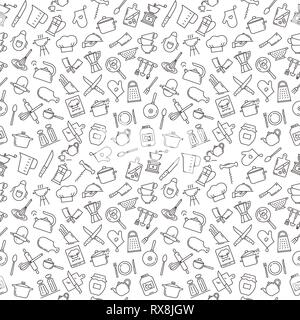 A large seamless pattern on the theme of the kitchen with various elements of the kitchen, cooking tools, utensils, and devices. Background for menu d Stock Vector